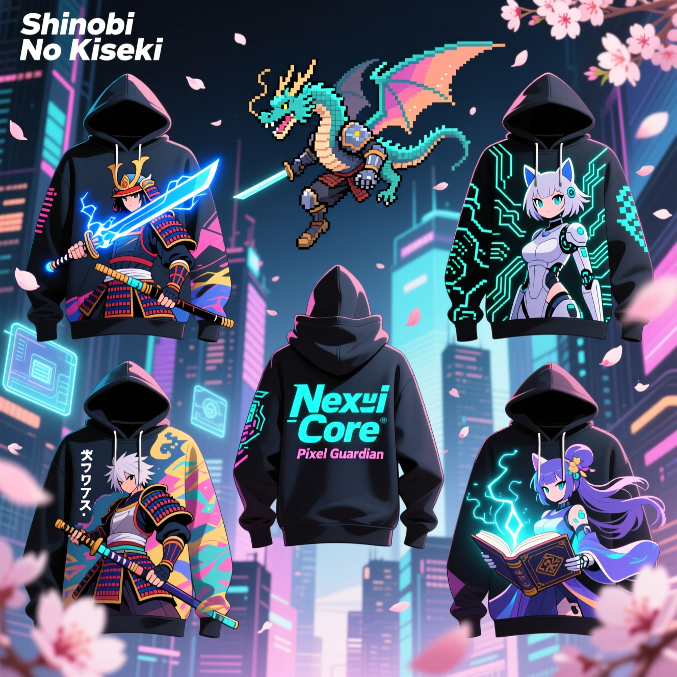 Collection of anime and gaming hoodies with character prints