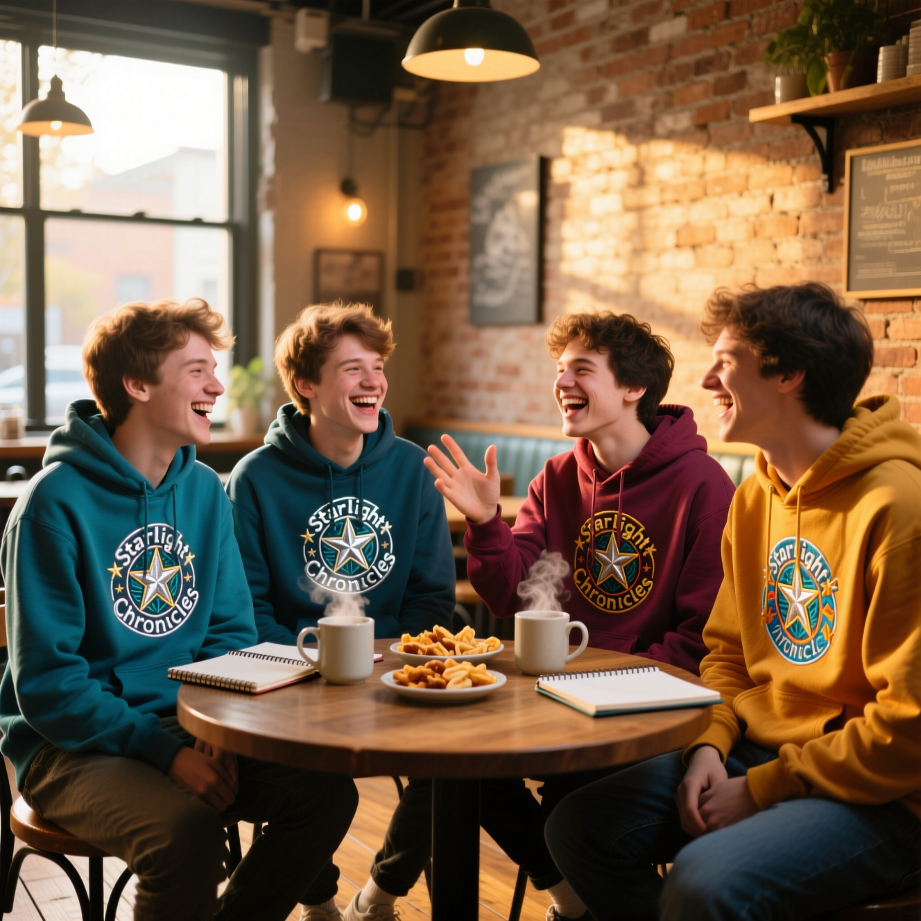 Friends wearing matching fandom hoodies at cafe